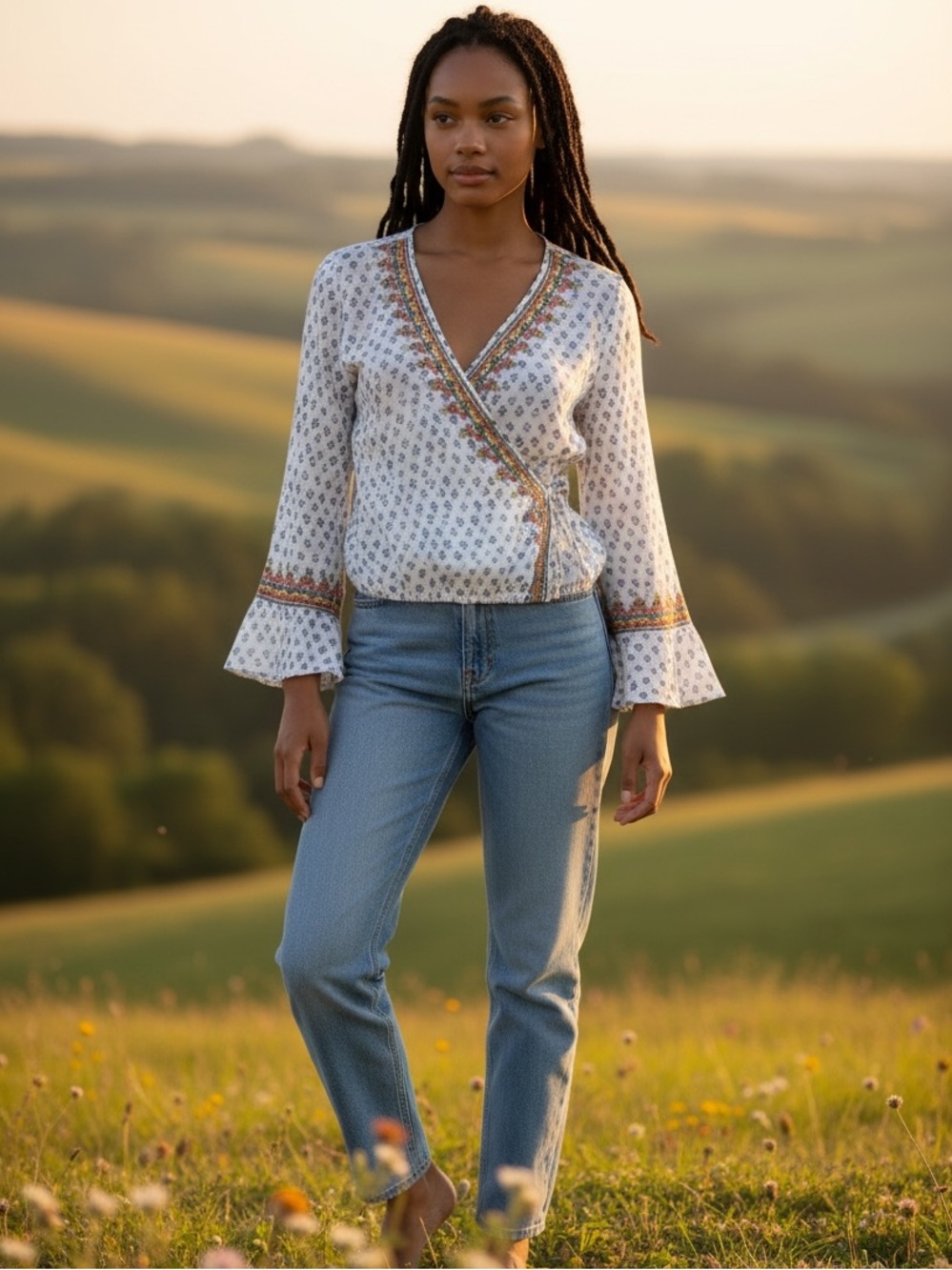 Ivy Jane Faux Wrap Bell Sleeves Blouse (X)